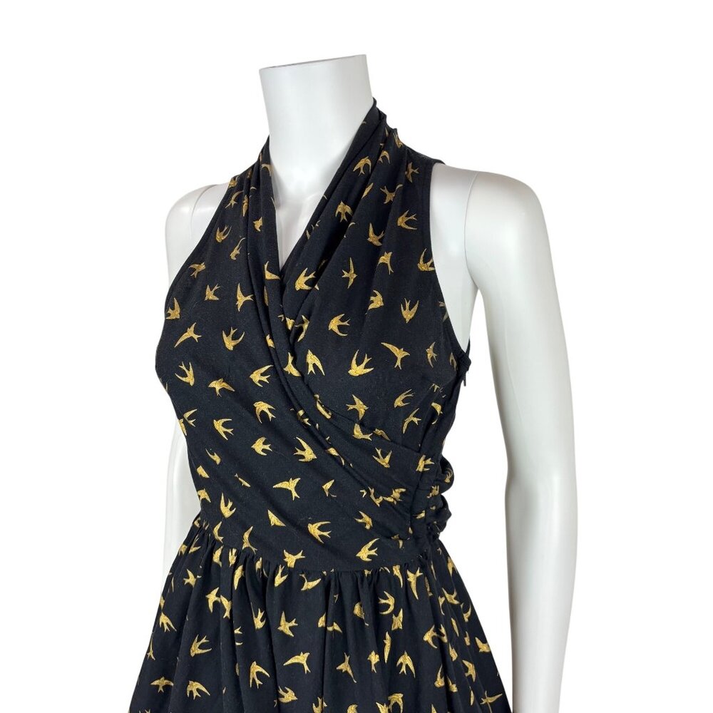 Dollz & Dames Halter Dress Small Gold Sparrow Bird Print Black Pin Up Sundress - Picture 7 of 15